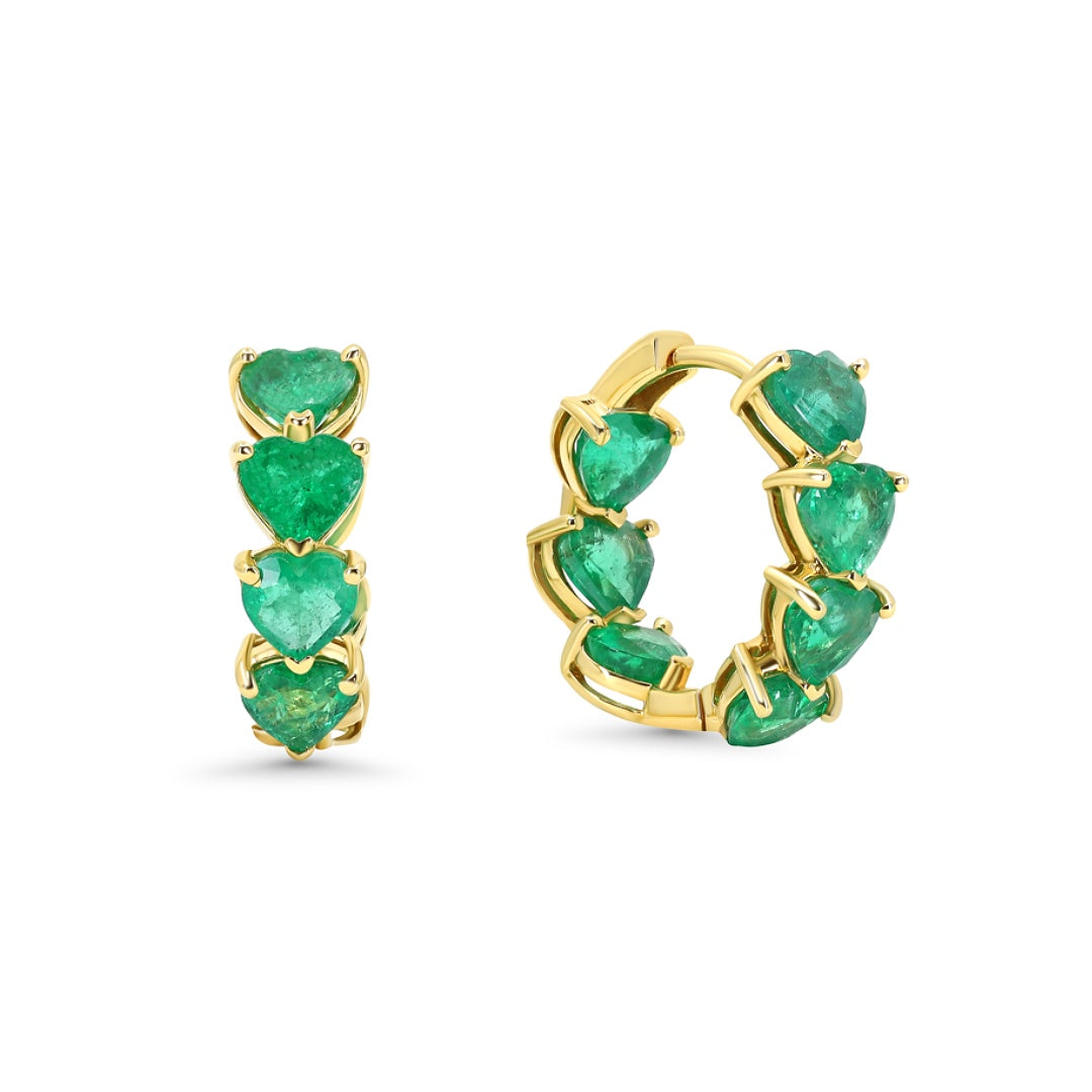 18K YELLOW GOLD MINI EMERALD LOVE HOOP EARRINGS