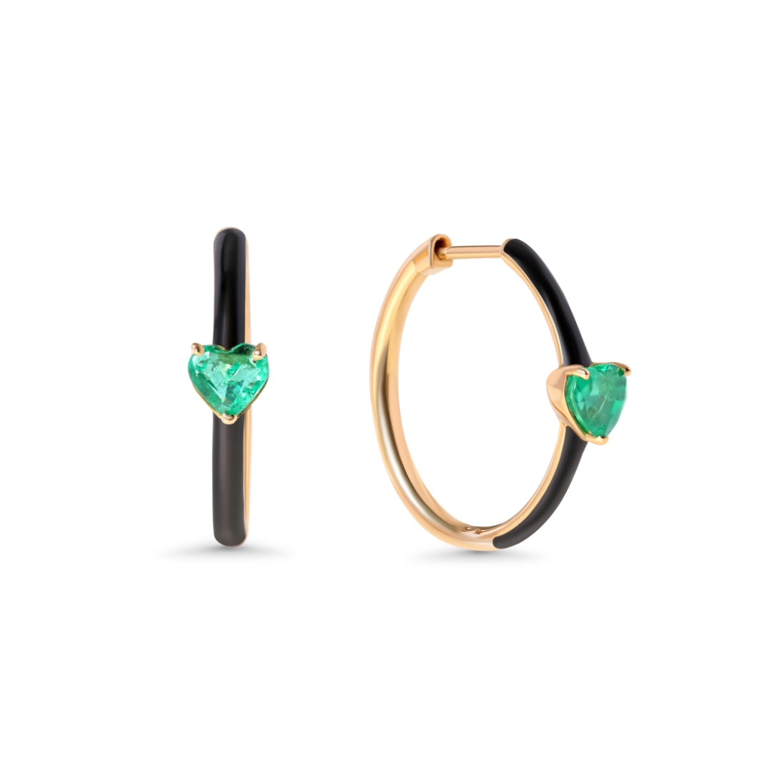 18K YELLOW GOLD ONE HEART EMERALD HOOPS