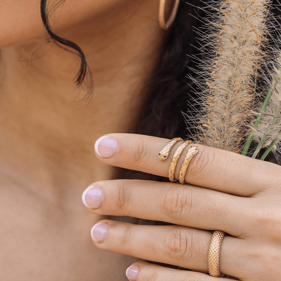 18K Double Boa Snake ring with colored eyes - Gemaee UAE