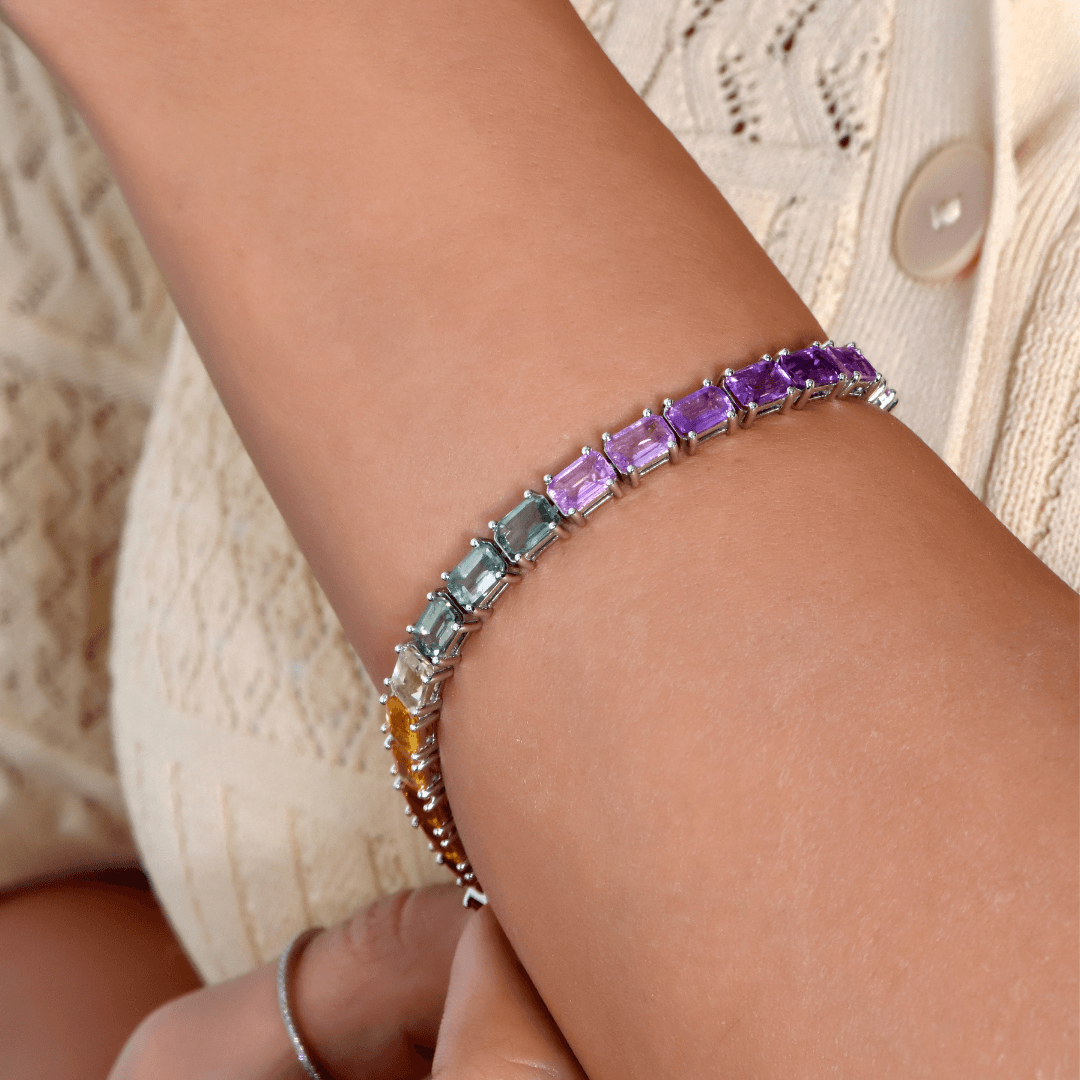 18K White Gold Rainbow Eme Cut Large Bracelet - Gemaee UAE