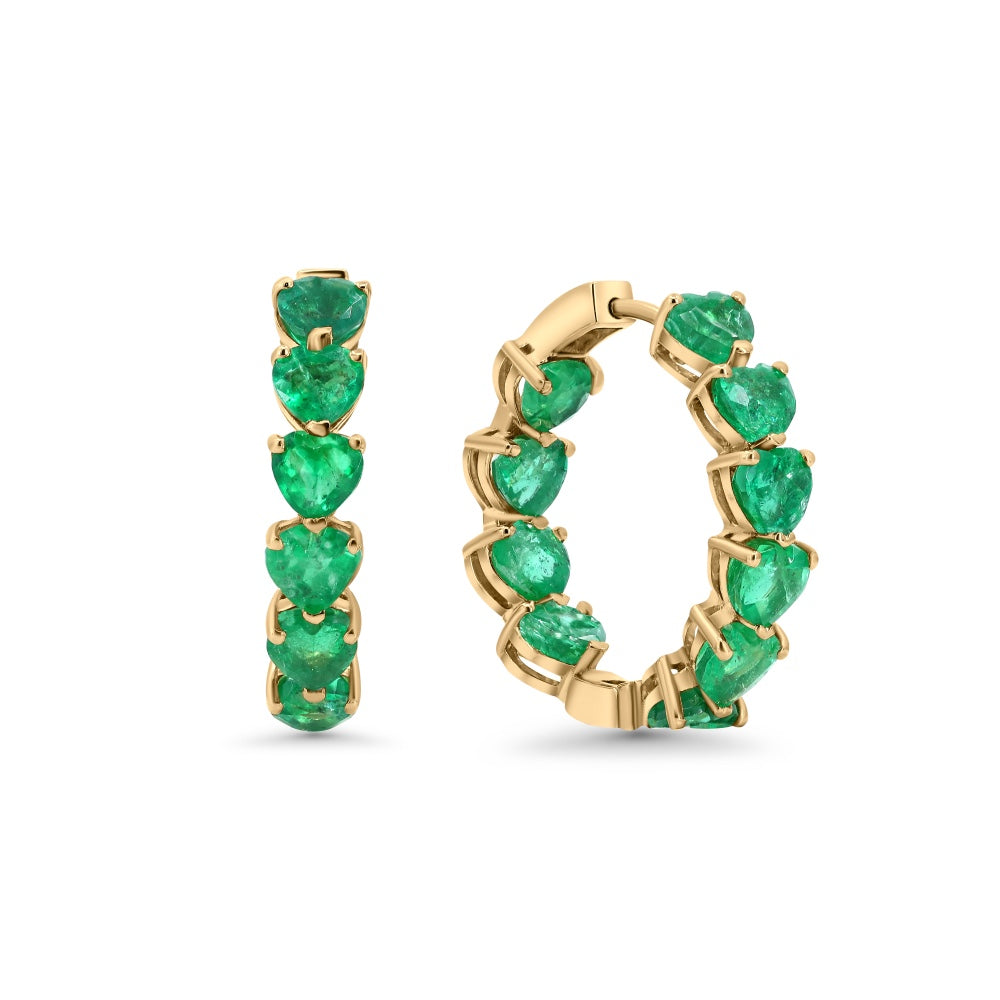 18K Yellow Gold Emerald Love Hoop Earrings